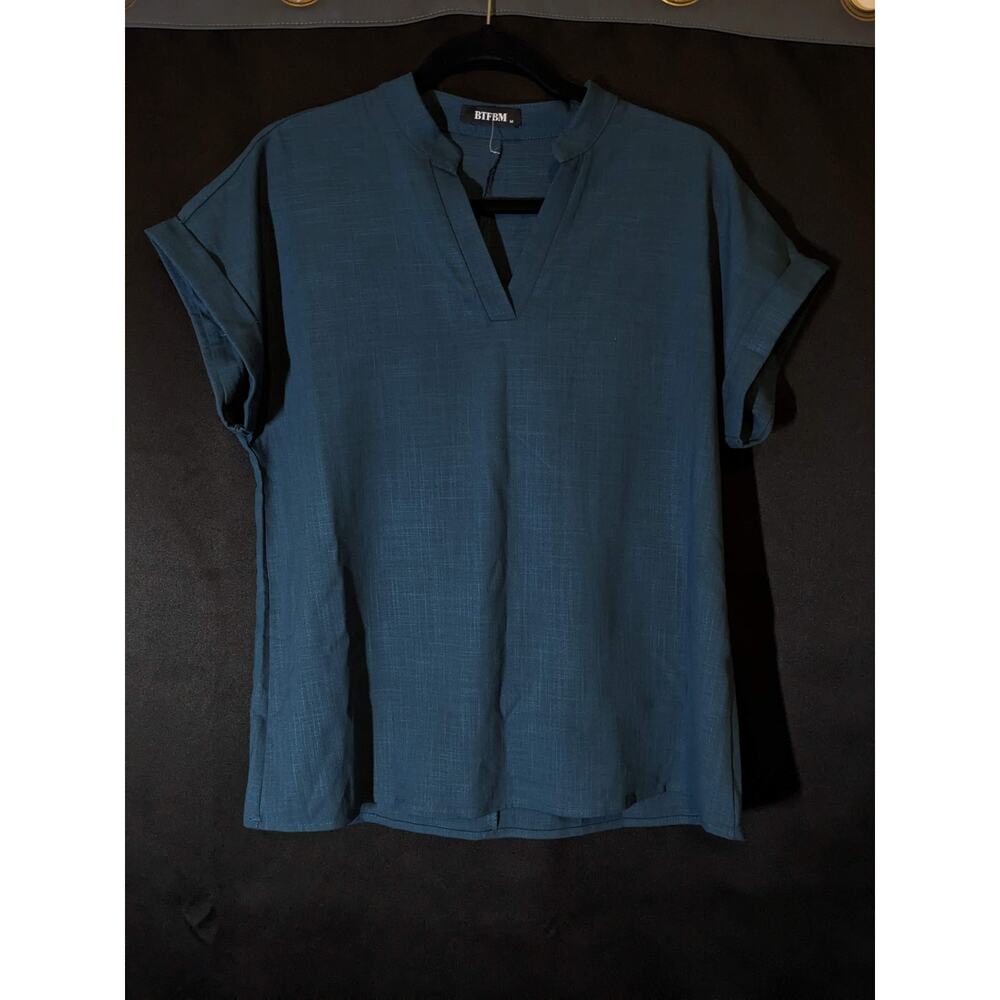 BTFBM - M - Viscous Blend - Dark Blue - V-neck, relaxed fit blouse